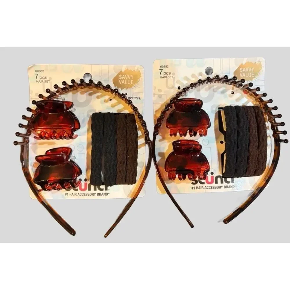 Scunci 7 Pc Hair Accessory Set 2 Packs Headband Claw Clips Elastics Brown